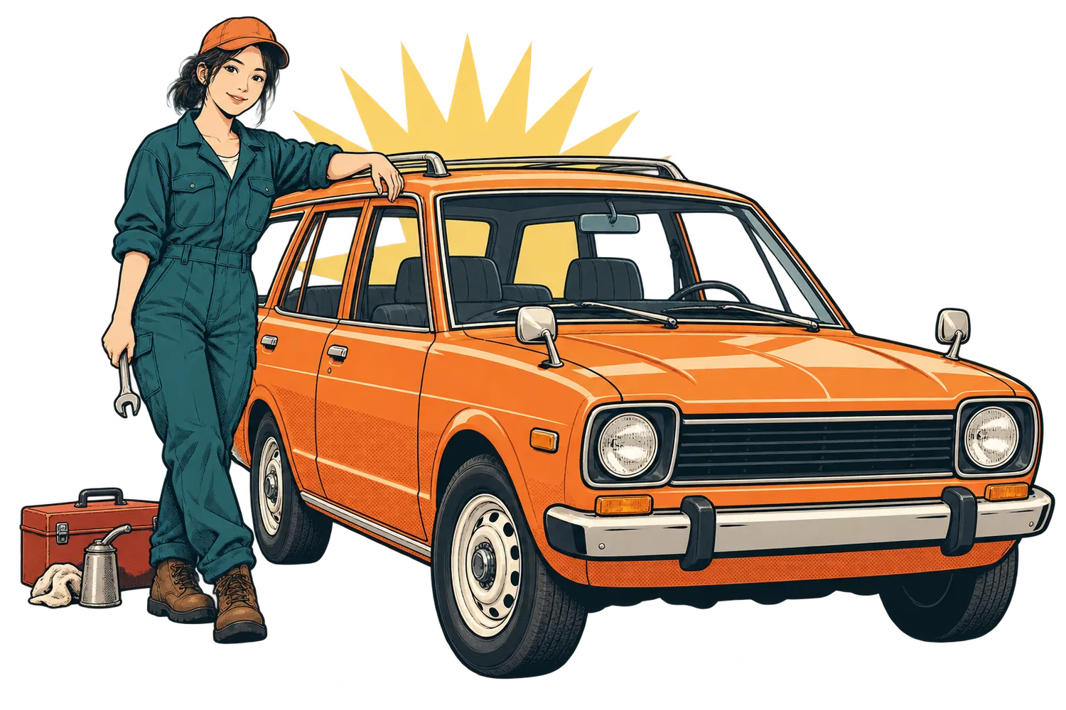 オレンジ色の車と、工具を手にした整備士のオリジナルイラスト