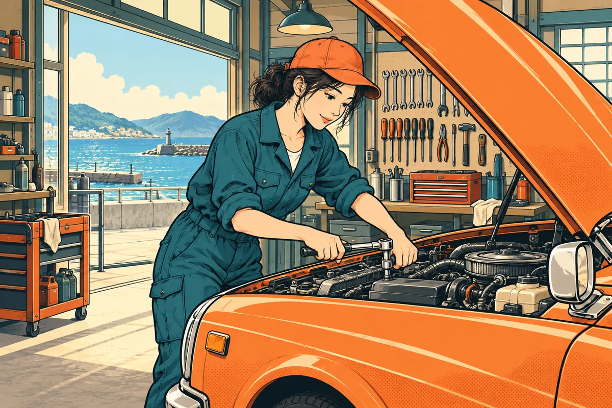 港の見えるガレージで、車のエンジンを点検する整備士のイラスト